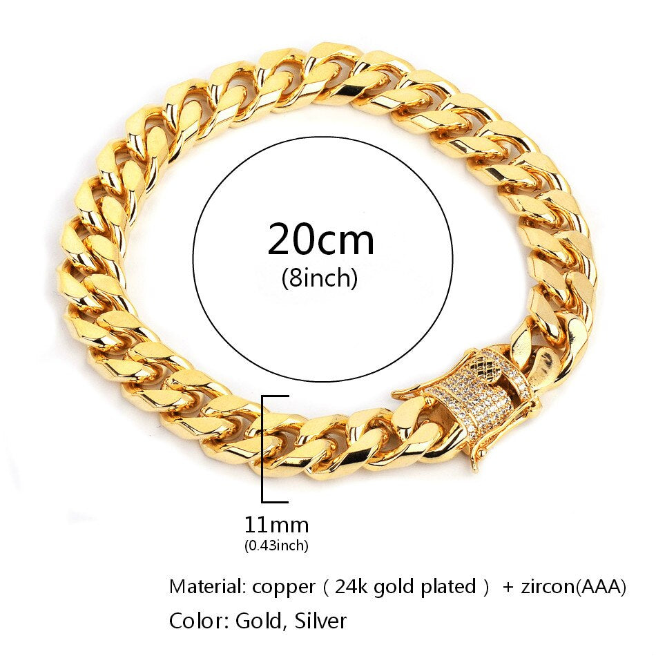 11Mm Iced Zircon Cuban Chain Bracelet Men'S Hip Hop Jewelry Copper Material Gold Color CZ Clasp Cuban Bracelet Link 8"