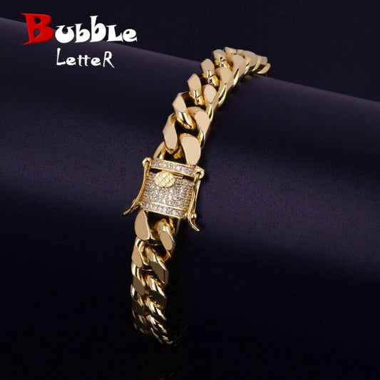 11Mm Iced Zircon Cuban Chain Bracelet Men'S Hip Hop Jewelry Copper Material Gold Color CZ Clasp Cuban Bracelet Link 8"