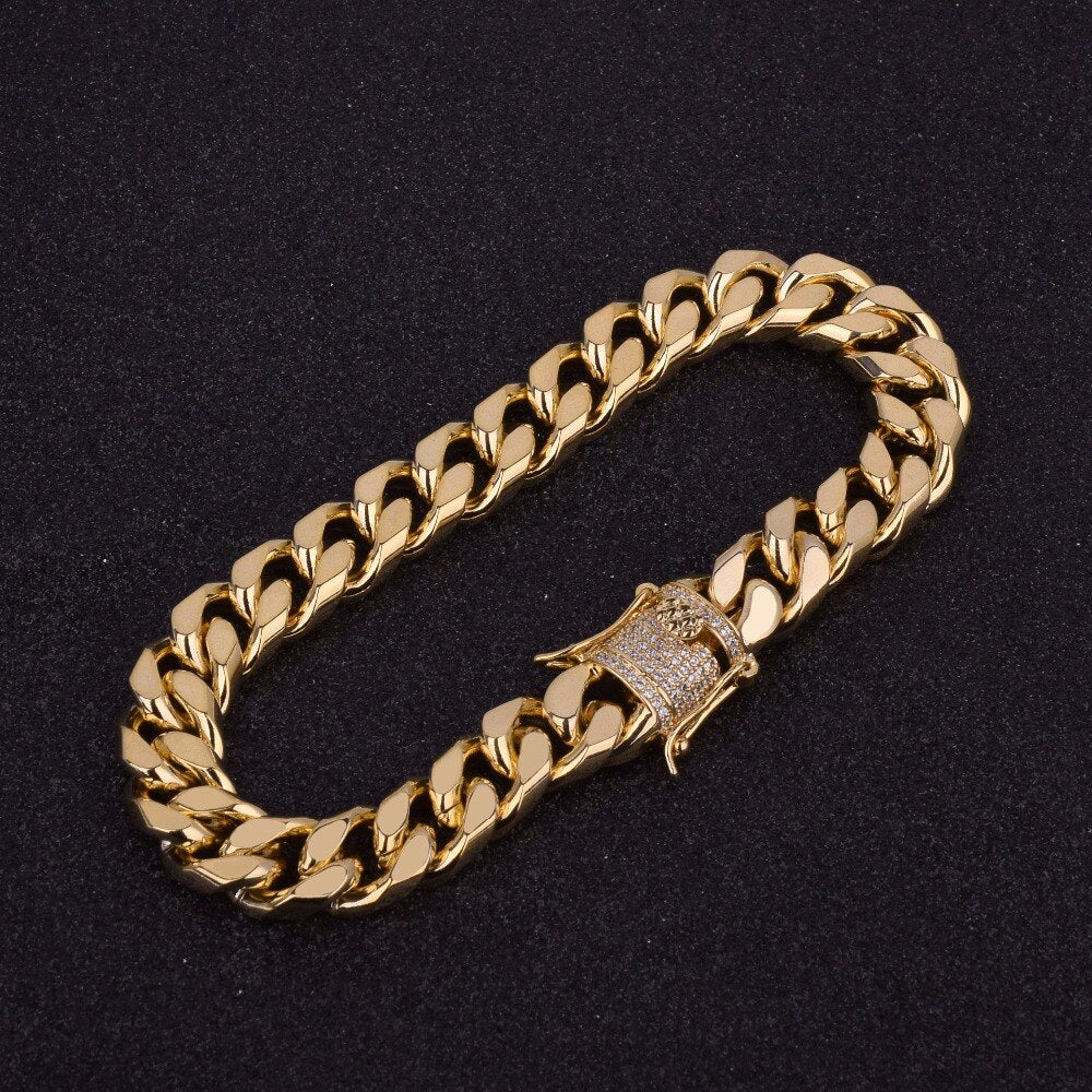 11Mm Iced Zircon Cuban Chain Bracelet Men'S Hip Hop Jewelry Copper Material Gold Color CZ Clasp Cuban Bracelet Link 8"